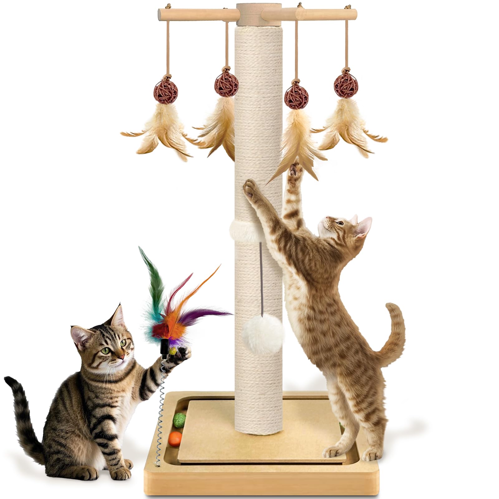 PAROTO poste para gatos con sisal y bolas colgantes, ideal para juego y arañado.