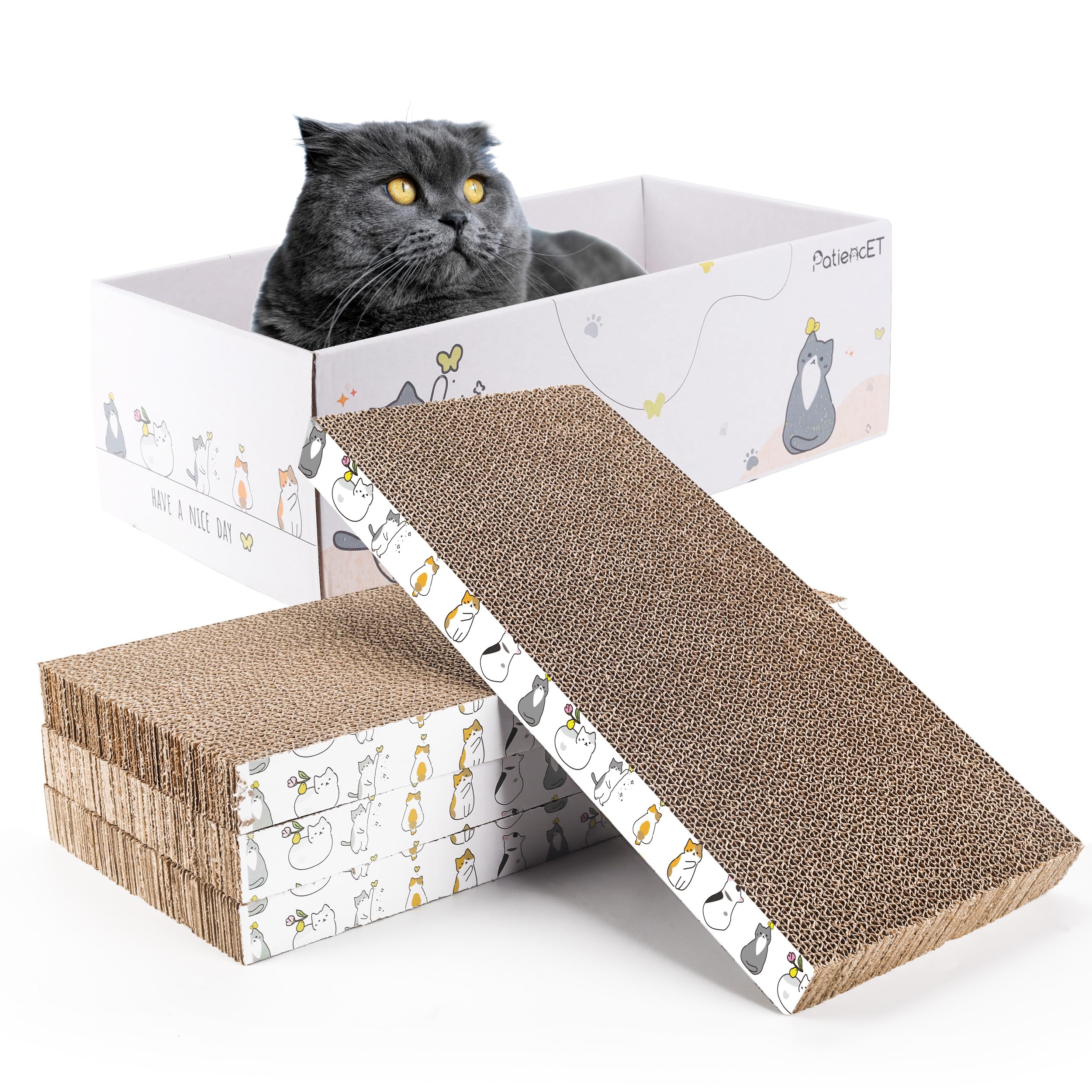 PatiencET 4 Pack: rascador de cartón con caja para gatos interiores.