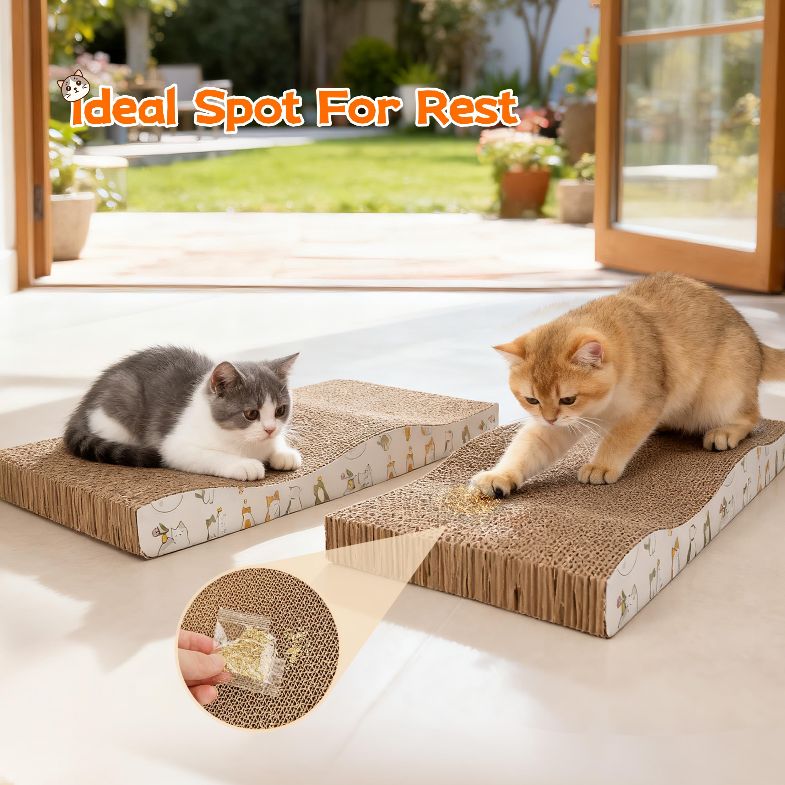 PatiencET rascador ondulado para gatos, uso en cama o árbol diseño versátil.