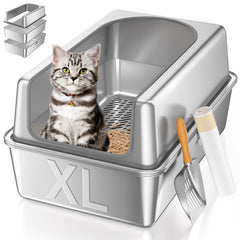 Paulmele XL, vista general de la caja-arena de acero inoxidable con tapa, duradera.