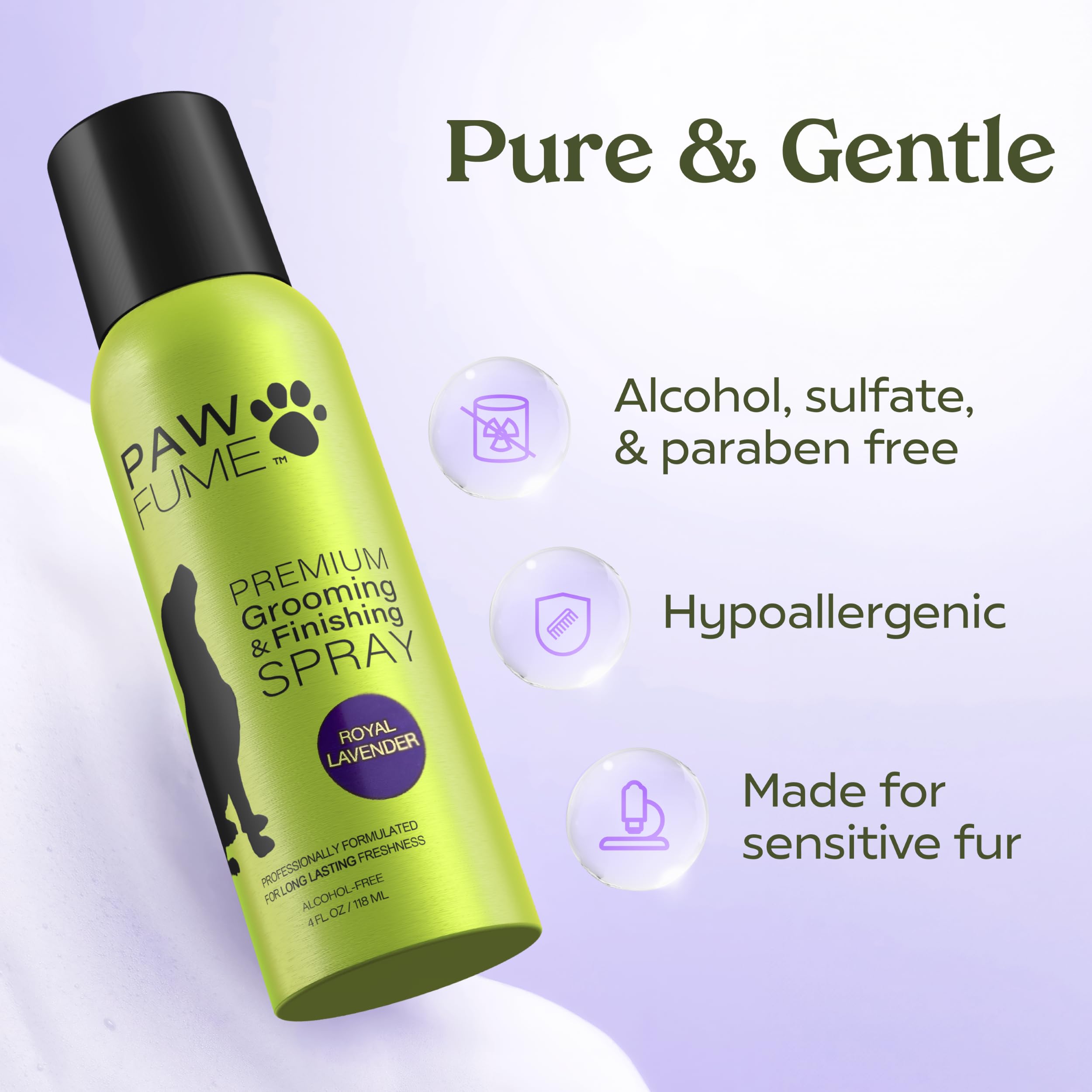 Paw Fume etiqueta Royal Lavanda muestra el producto y su aroma.