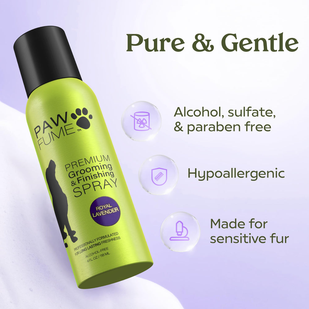 Paw Fume etiqueta Royal Lavanda muestra el producto y su aroma.