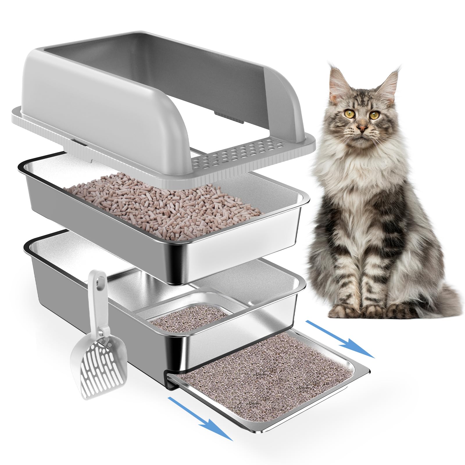 Paw Libero caja de arena estanca de acero inoxidable con tapa, seguridad para gatos grandes.