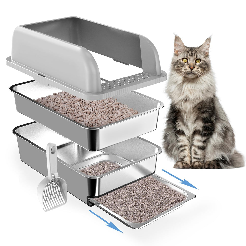 Paw Libero caja de arena estanca de acero inoxidable con tapa, seguridad para gatos grandes.