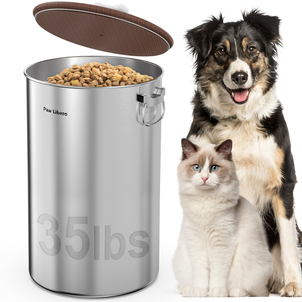 Paw Libero contenedor de alimentos para perros en acero inoxidable de 35 libras.
