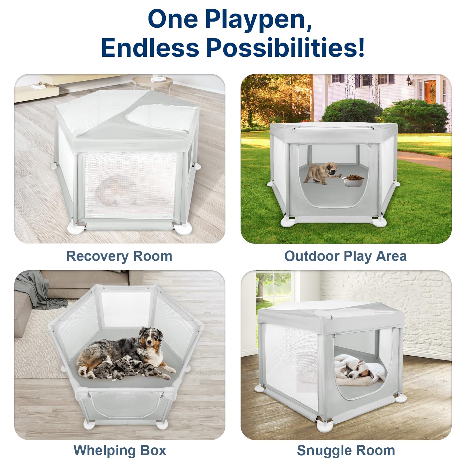 Dimensiones Paw Libero 58.3x58.3x29.9 pulgadas, área amplia para perros grandes.