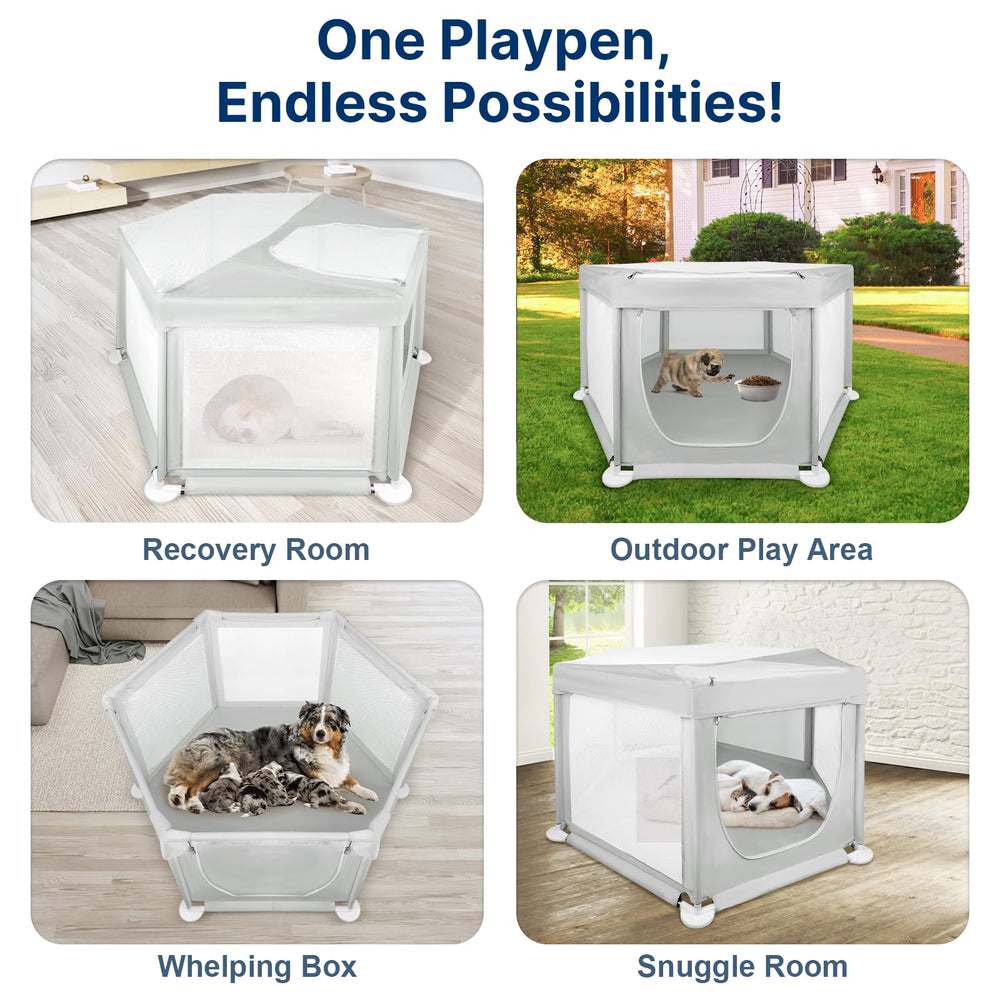 Dimensiones Paw Libero 58.3x58.3x29.9 pulgadas, área amplia para perros grandes.