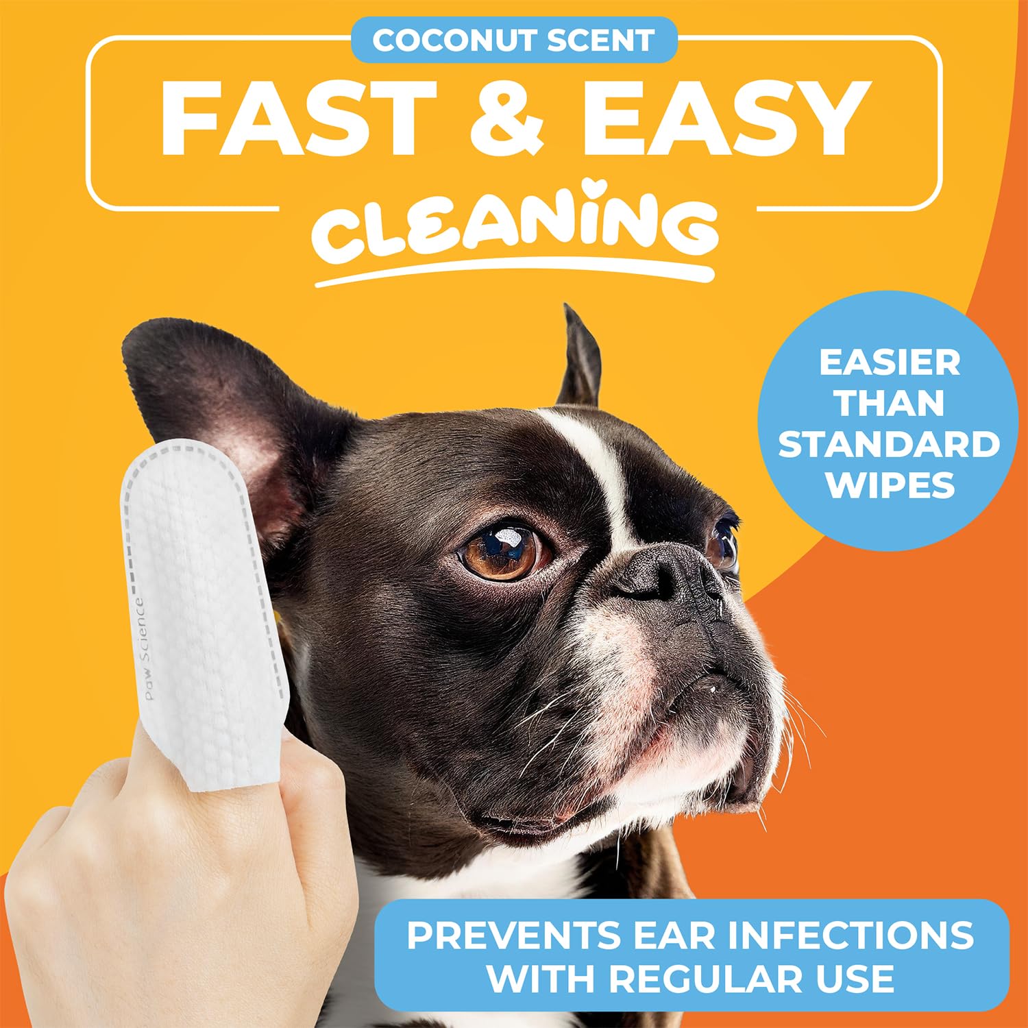 Paw Science toallitas oídos, aplicación en dedo para uso cómodo.