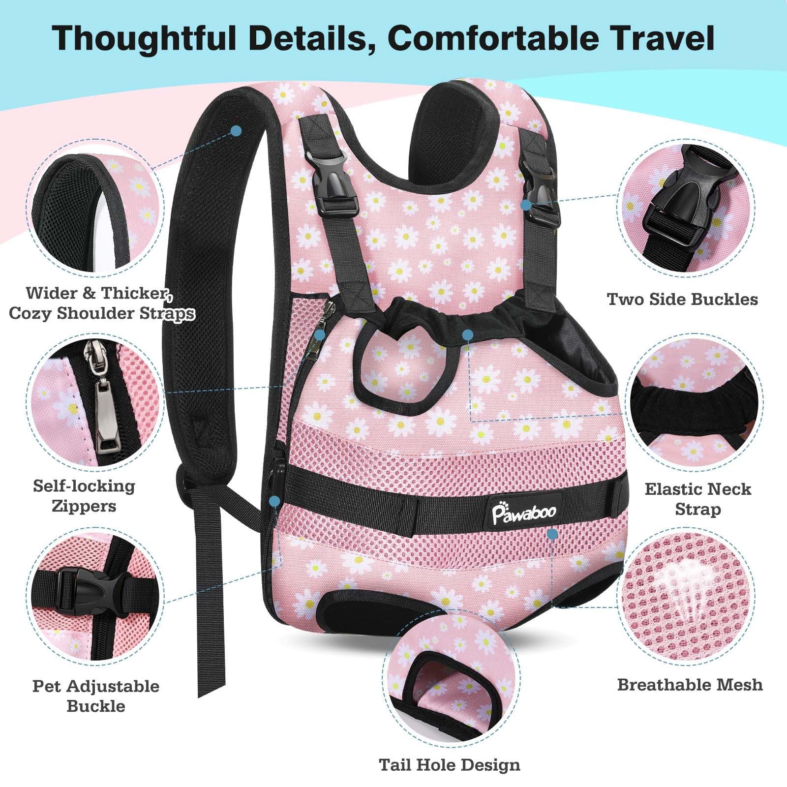 Pawaboo Mochila Portador Frontal con correas de ajuste para un ajuste seguro.