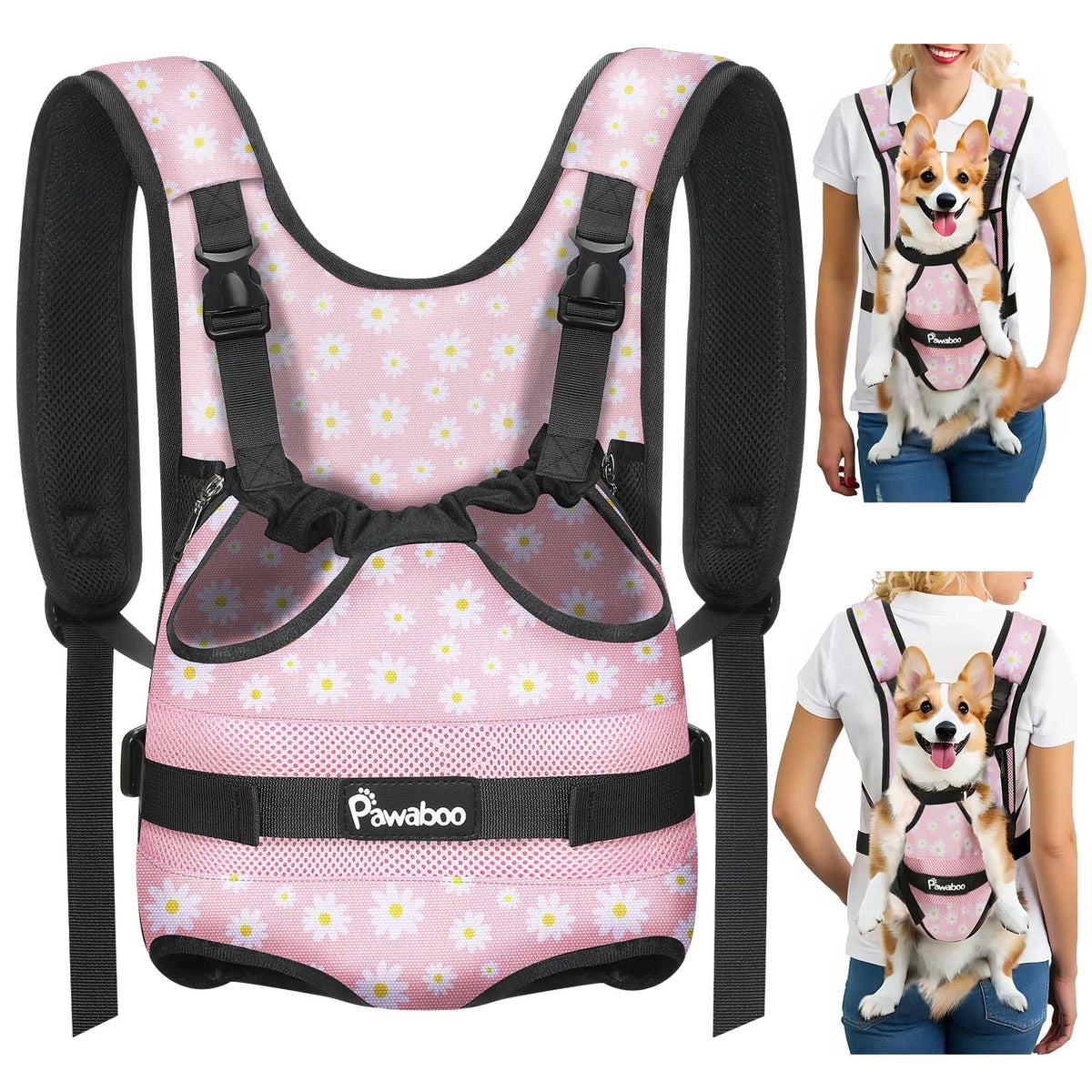 Pawaboo Mochila Portador Frontal para Perro Rosa Daisy, cómodo para paseos diarios.