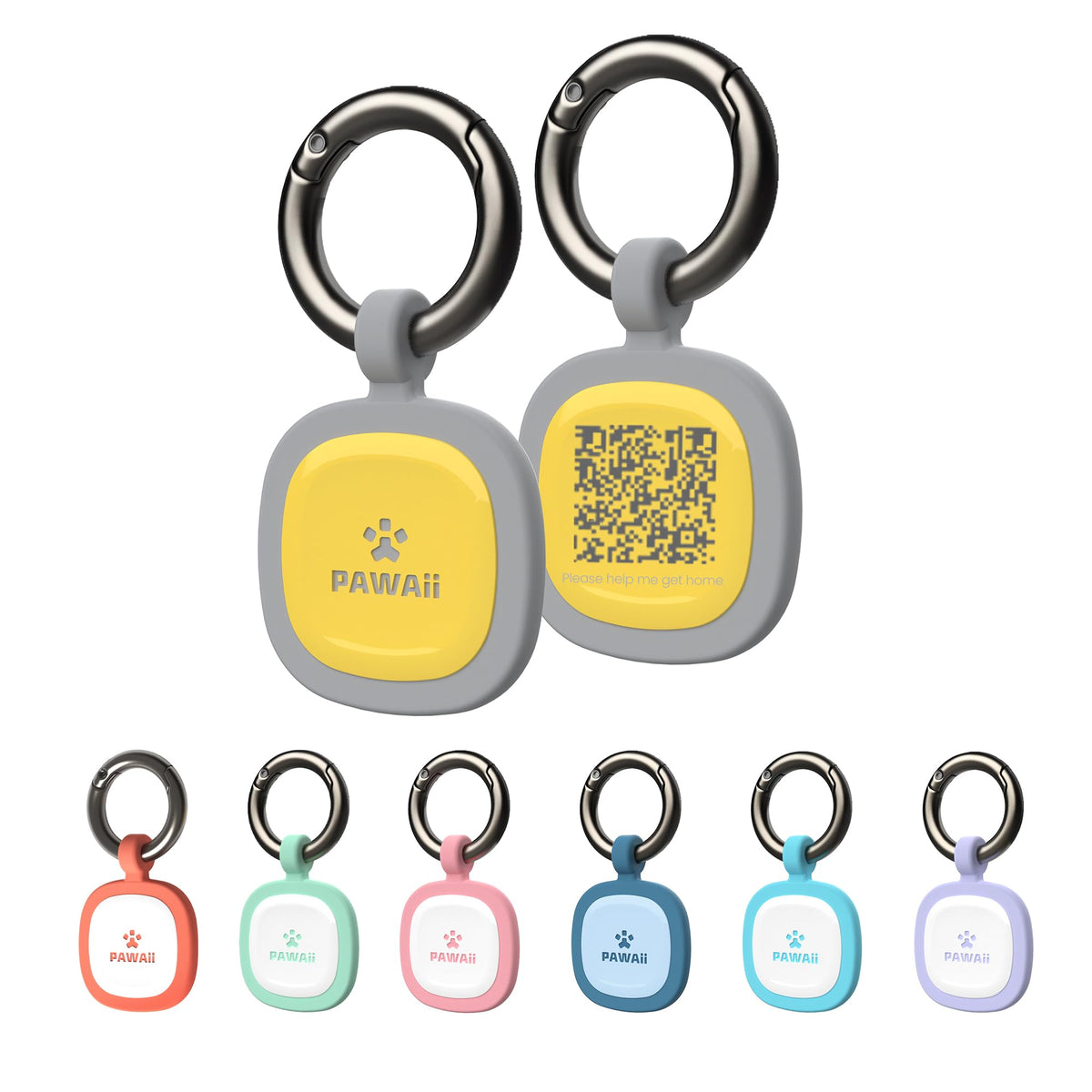 Etiqueta Pawaii para perros, frontal en silicona amarilla, identificación rápida.