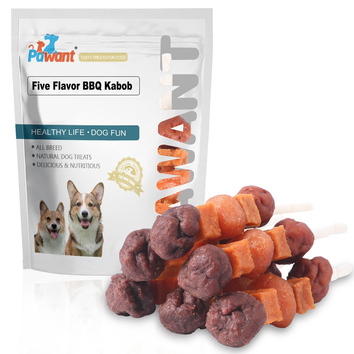 Pawant brochetas de sabores múltiples, presentación atractiva para perros activos.