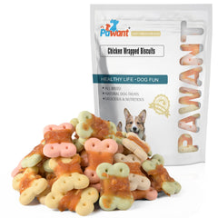 Pawant galletas de pollo envueltas para perro pequeño, premio sabroso para entrenamiento.