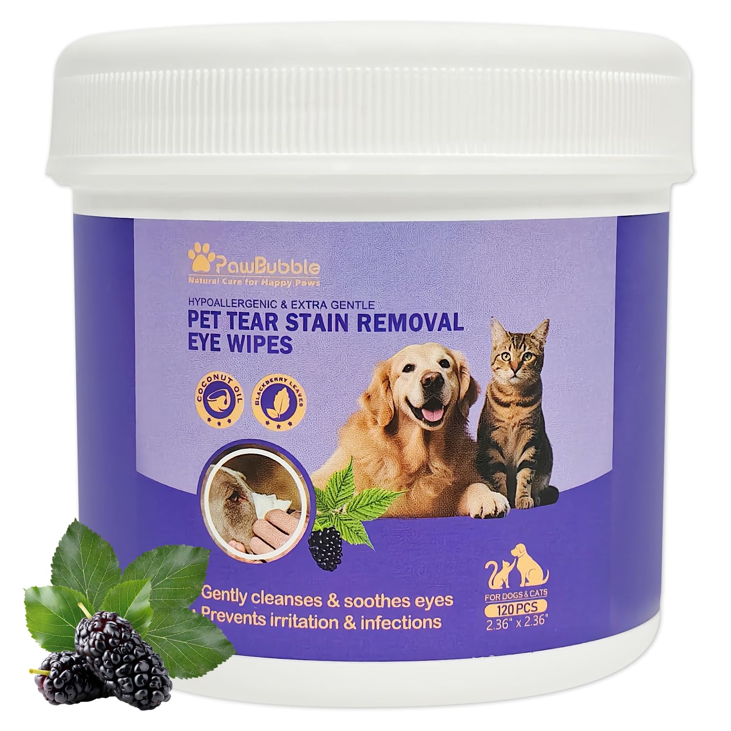 PawBubble toallitas ojos perros gatos en envase práctico para uso diario.