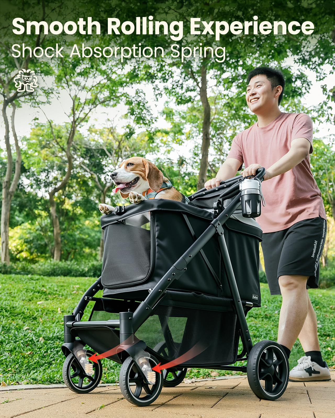 Cochecito Pawccoli para perros medianos, mango ajustable para comodidad del conductor.