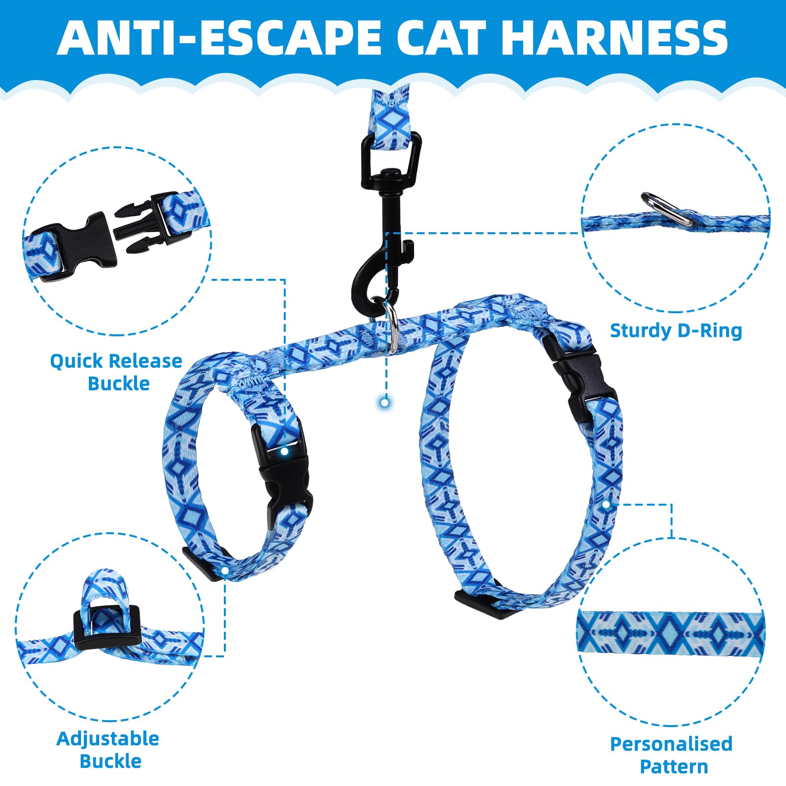 PAWCHIE arnés para gatos azul, vista trasera, ajuste cómodo
