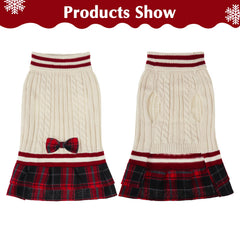 PAWCHIE vestido-sudadera plisado a cuadros rojo con lazo, estilo invernal.