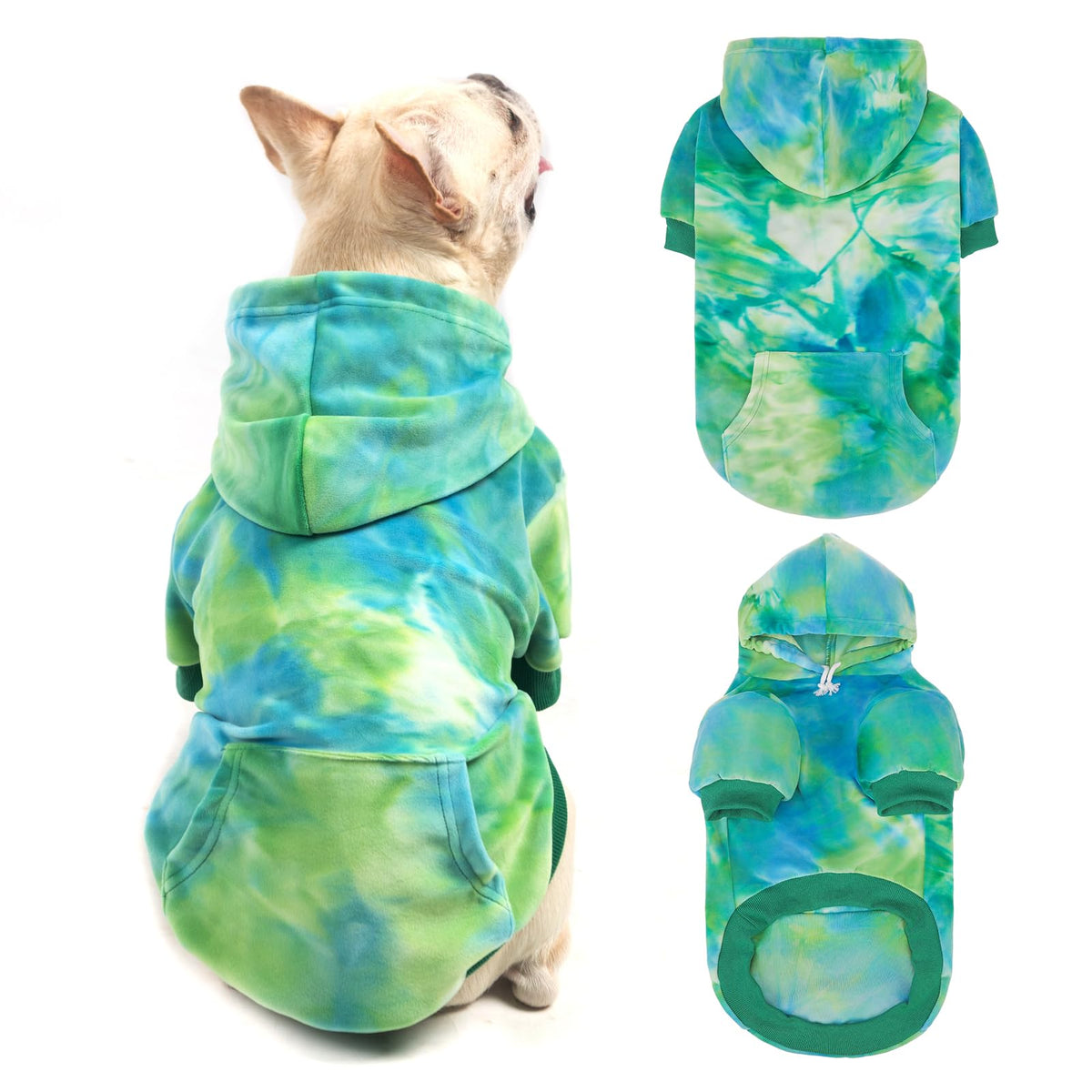 PAWCHIE hoodie para perro, vista frontal degradado azul-verde, cómodo y vistoso