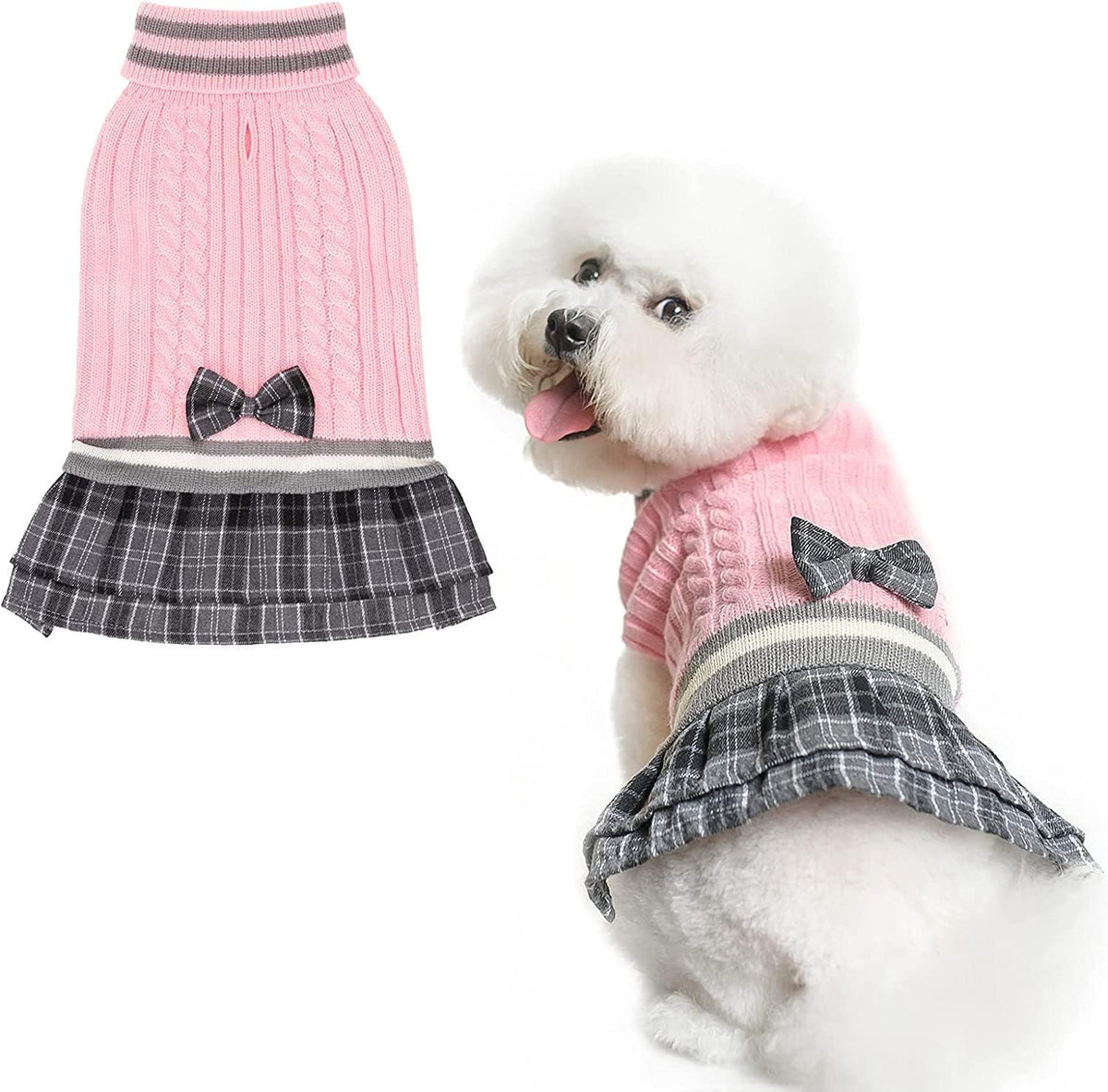 PAWCHIE suéter-dress para perro con lazo rojo, vista frontal para paseos invernales.