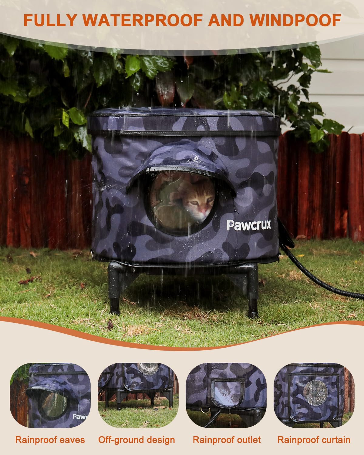 Pawcrux construcción resistente al viento y la lluvia para exteriores tranquilos.