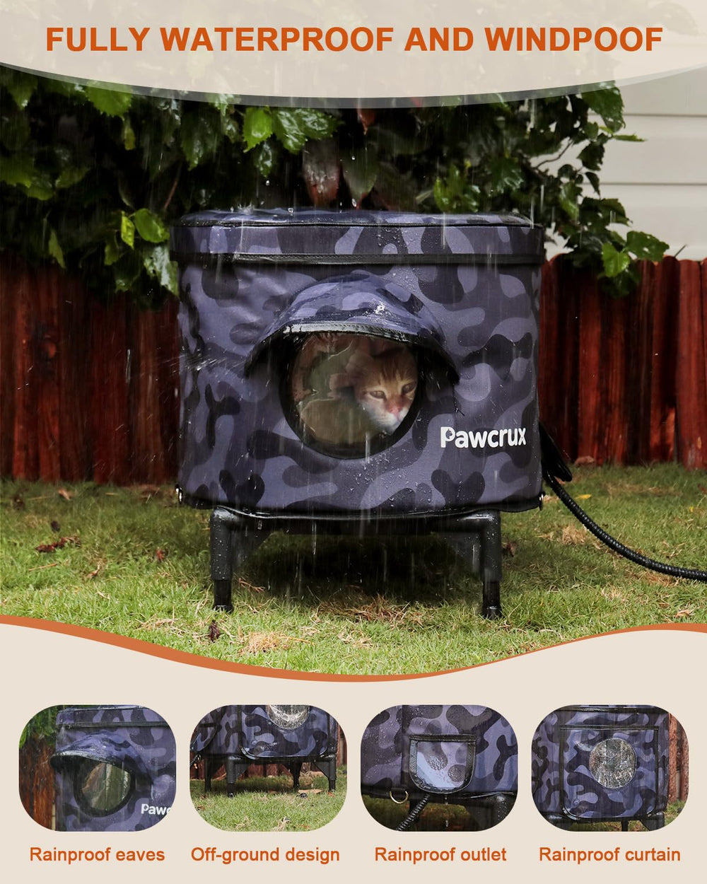 Pawcrux construcción resistente al viento y la lluvia para exteriores tranquilos.