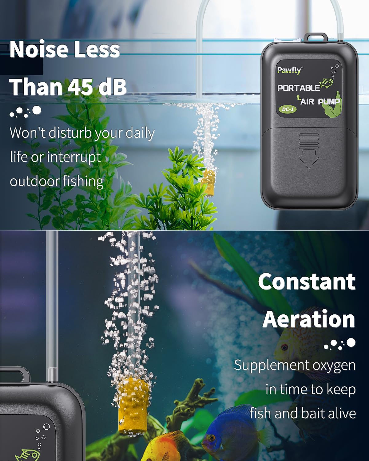 Pawfly aerador para cubos de cebo vivo mantiene oxígeno estable durante la jornada