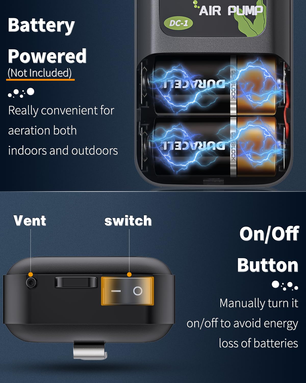 Pawfly fuente de energía con dos pilas para aeración portátil.
