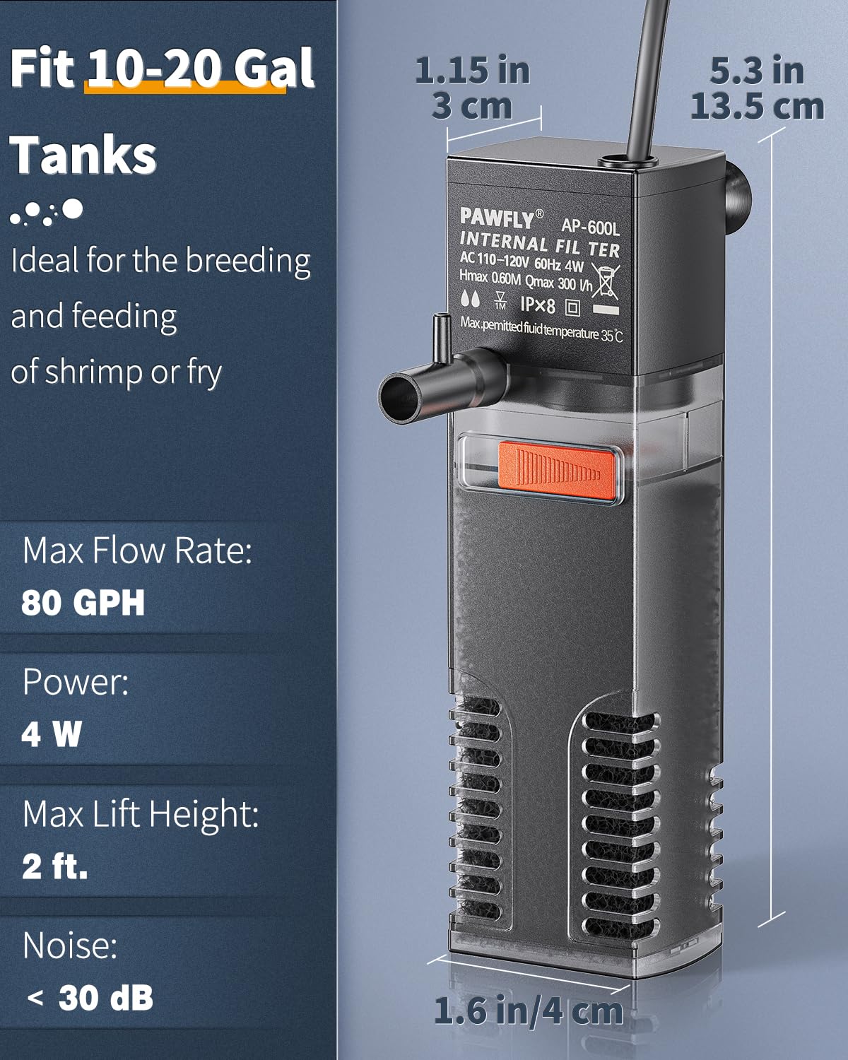 Pawfly bomba de agua silenciosa para filtro interior, ideal para acuarios pequeños.