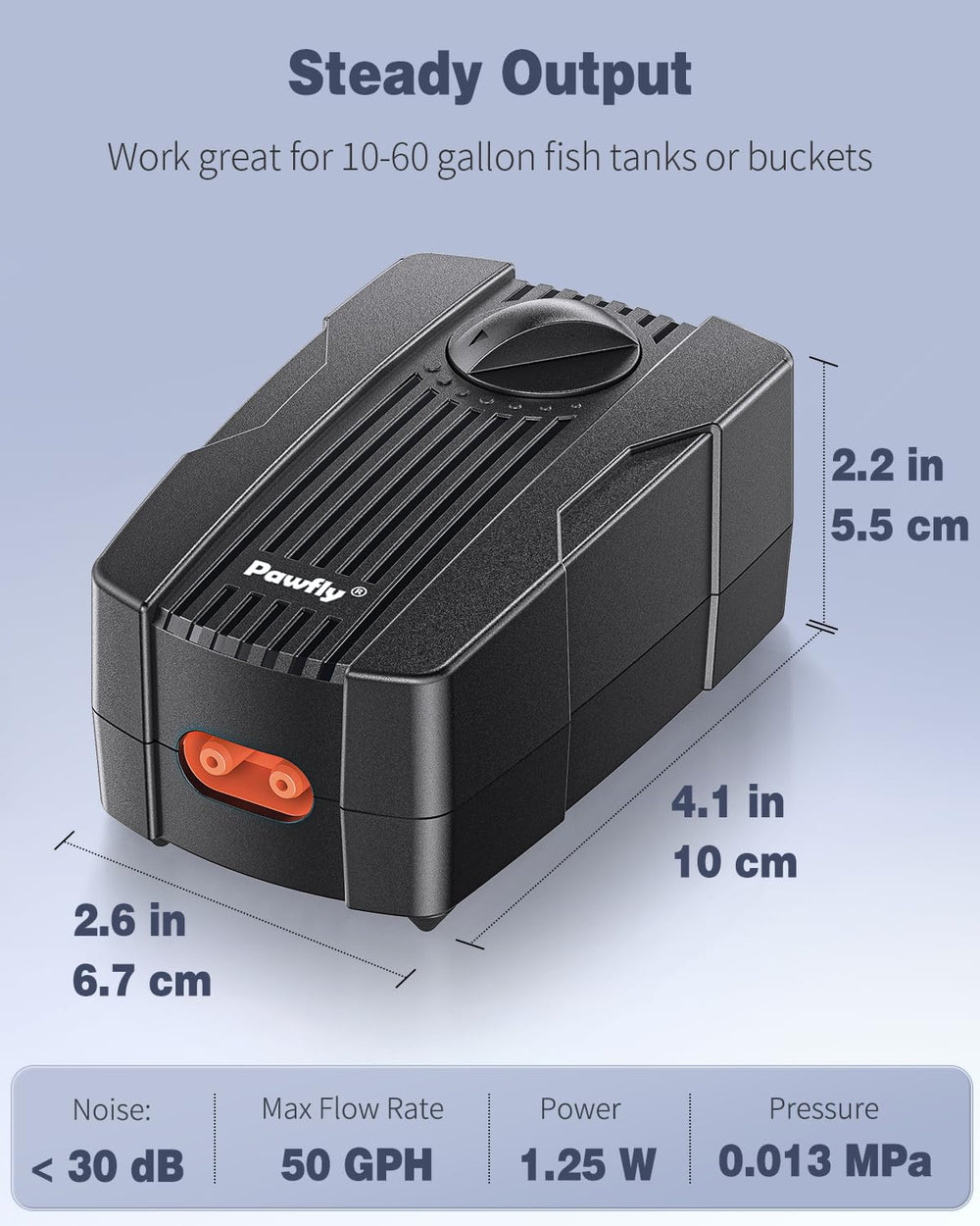 Bomba de aire Pawfly, diseño compacto y fácil de instalar.