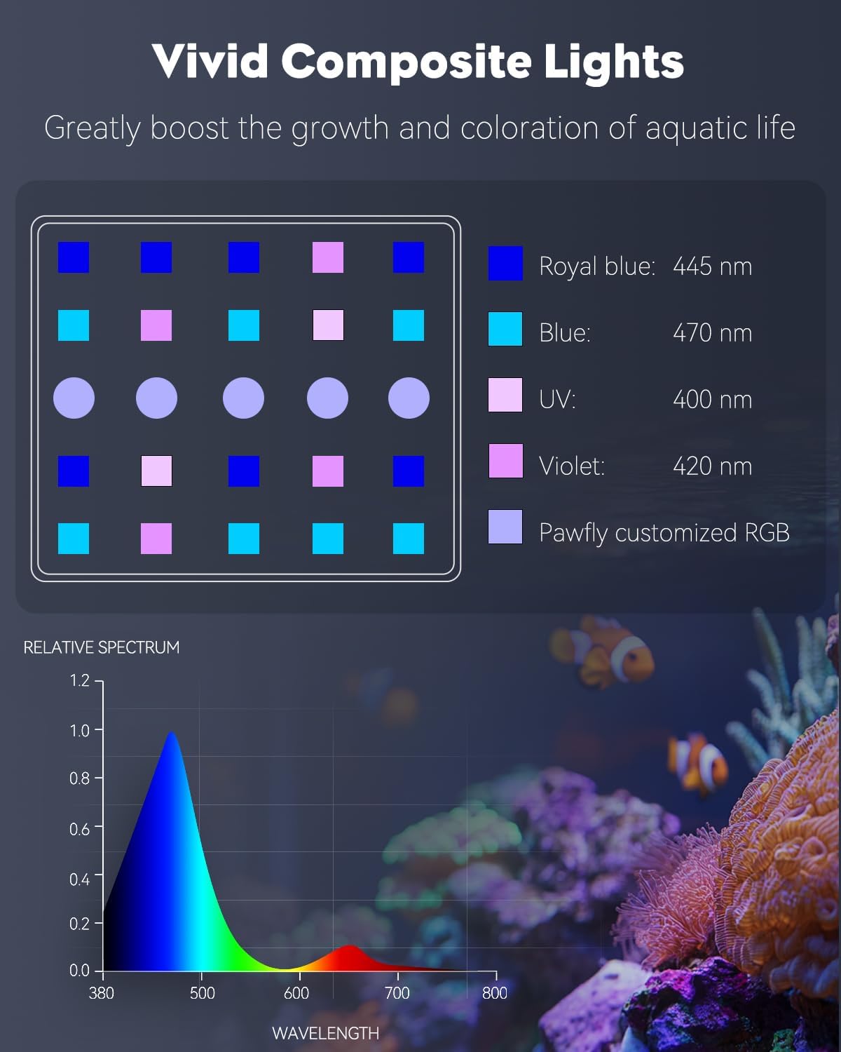 Pawfly: iluminación reef spectrum completo para realzar color y crecimiento de corales.