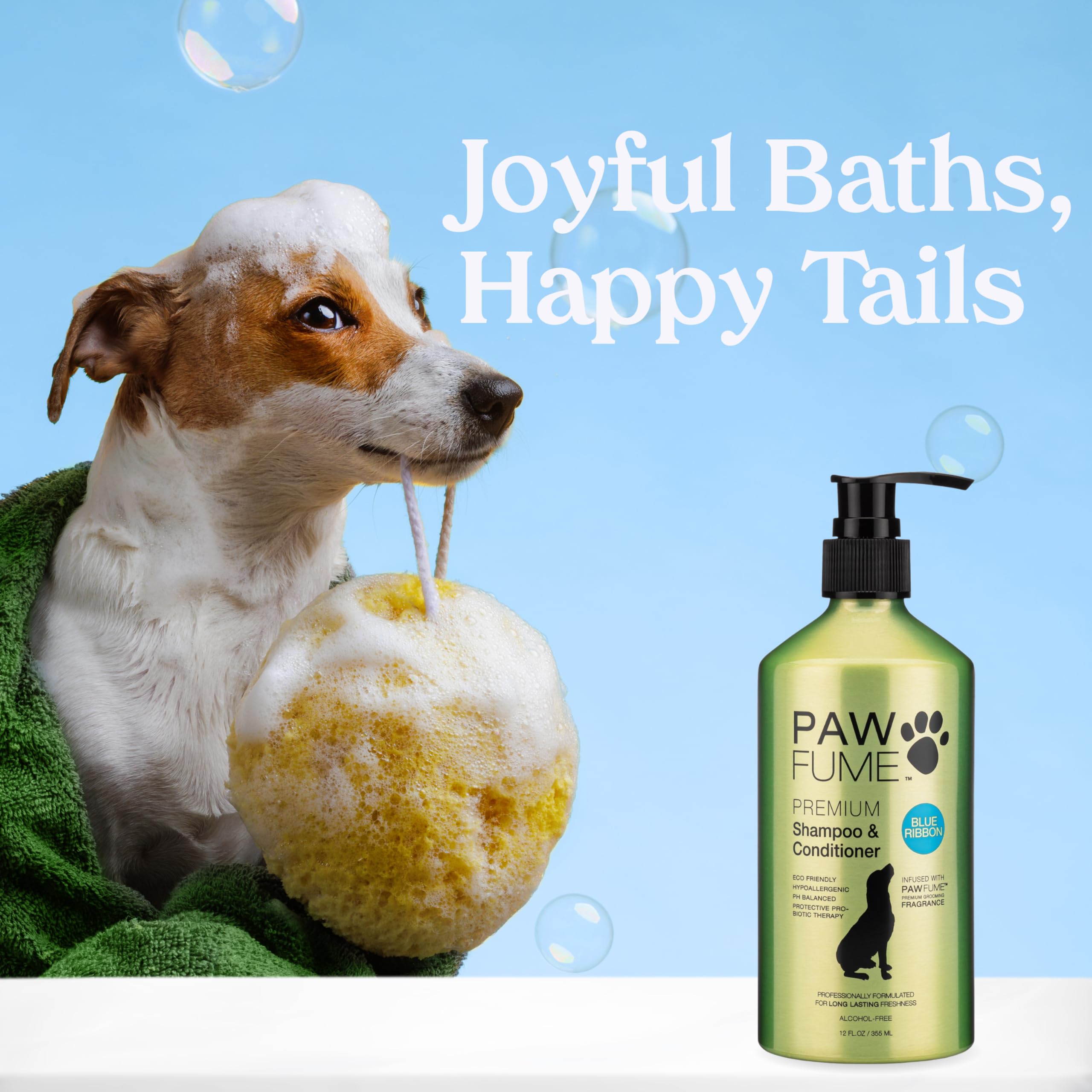 PAWFUME acondicionador para perros, botella azul, hidratación suave.