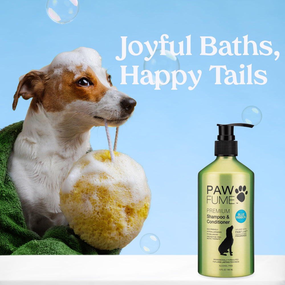 PAWFUME acondicionador para perros, botella azul, hidratación suave.