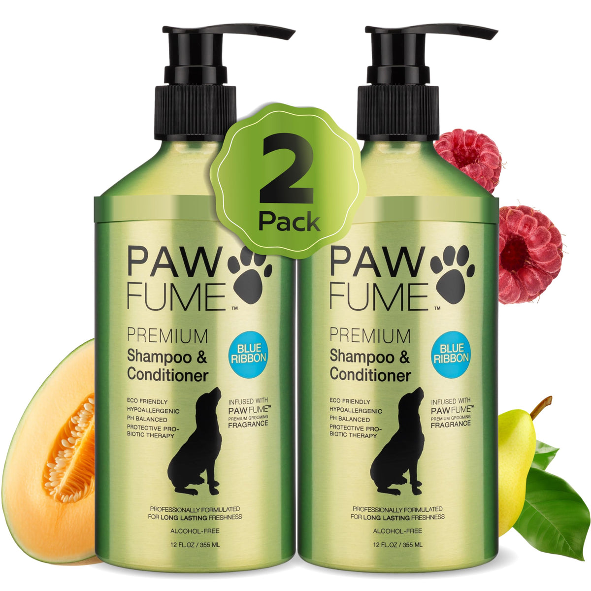 PAWFUME champú para perros, botella azul, limpieza suave.
