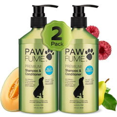 PAWFUME champú para perros, botella azul, limpieza suave.