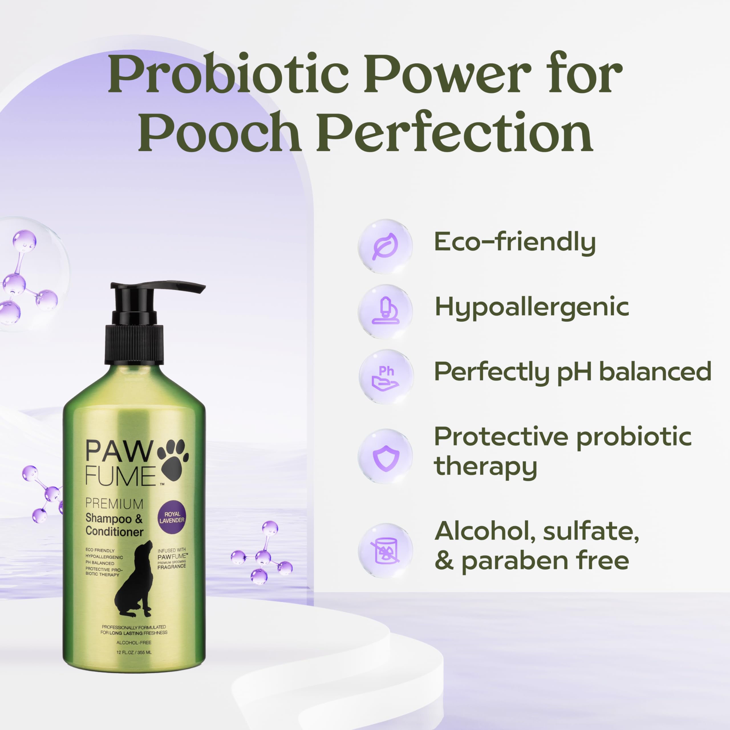 PAWFUME champú con probiótico para pelo saludable en perros.