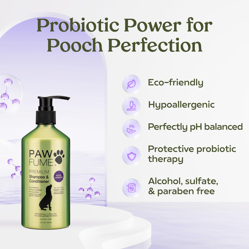 PAWFUME champú con probiótico para pelo saludable en perros.