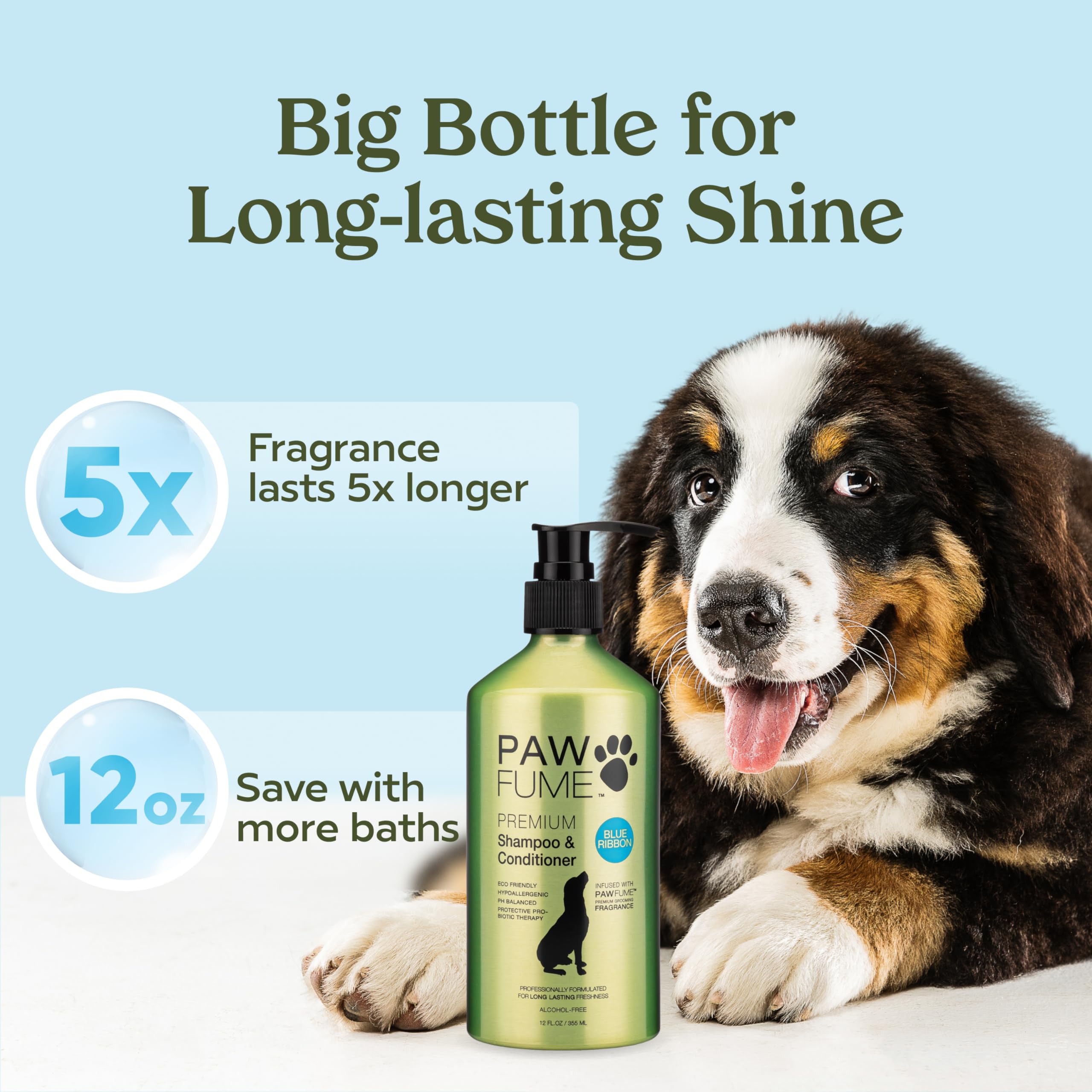 PAWFUME pelaje de perro con brillo visible tras el lavado.