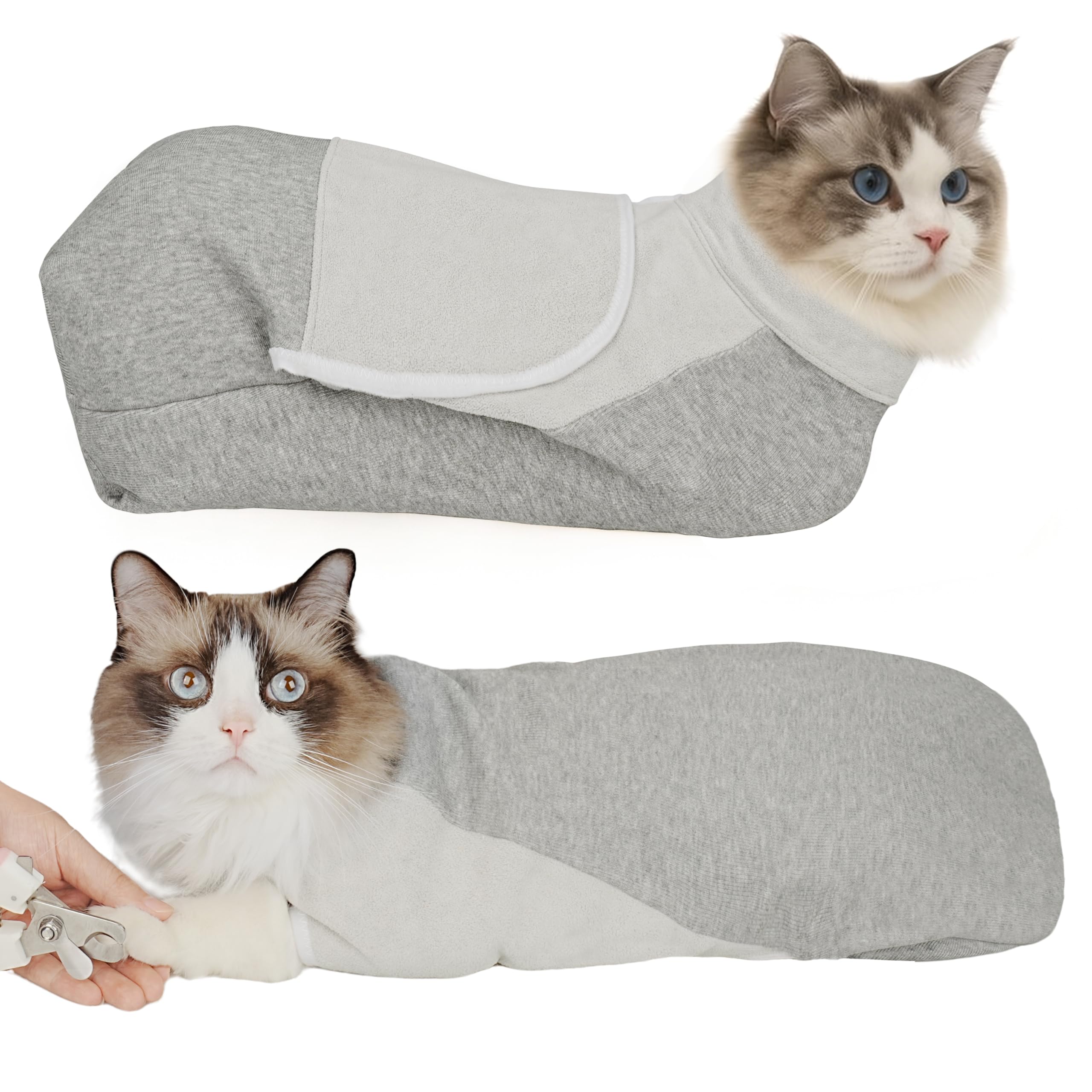 Pawfun envoltura autoadhesiva para gato durante corte de uñas, facilita la manipulación segura.