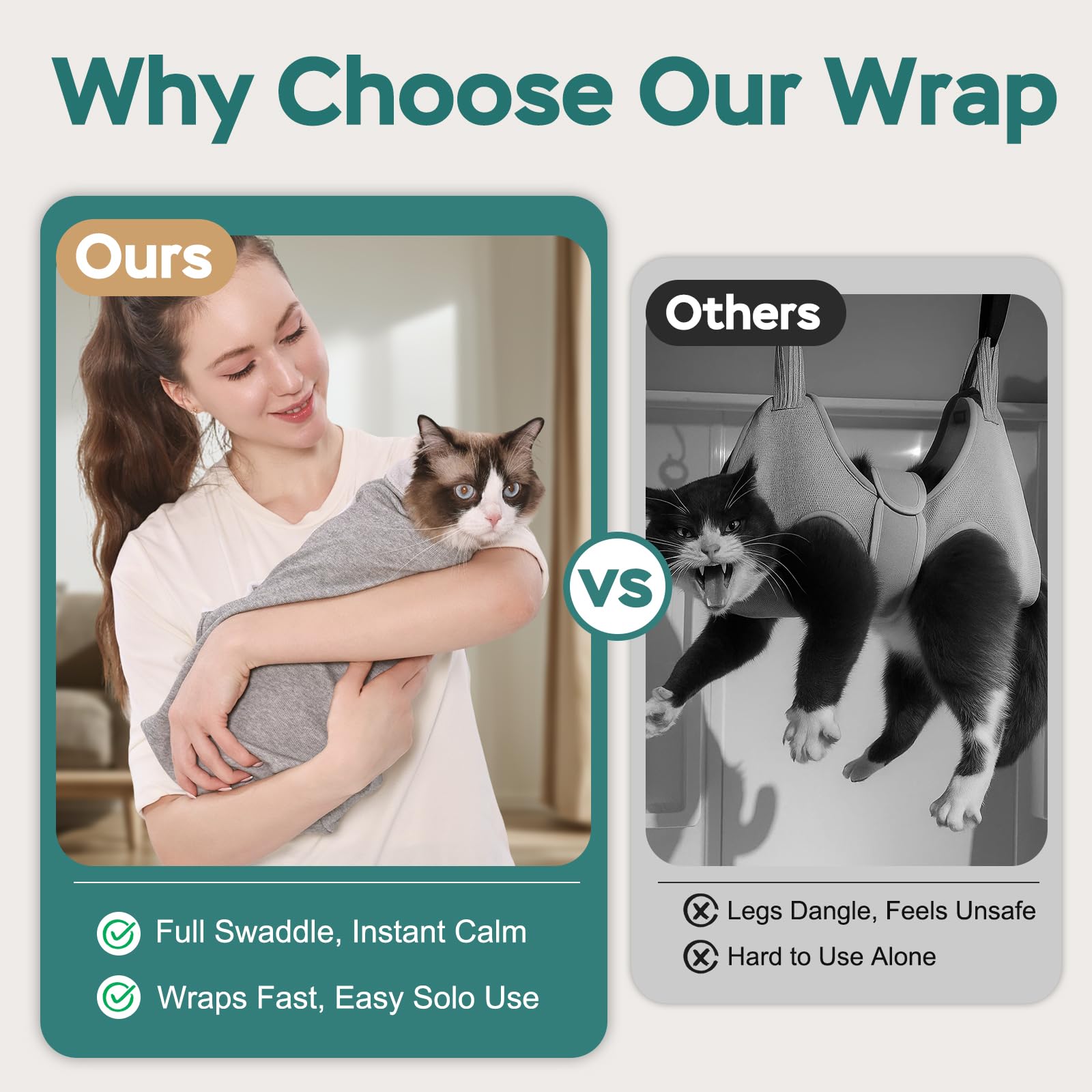Pawfun envoltura para gato que transmite calma y seguridad durante el cuidado.