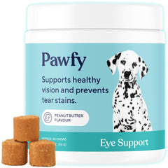 Pawfy apoyo-ojos: frente del paquete con masticables suaves para ojos saludables.