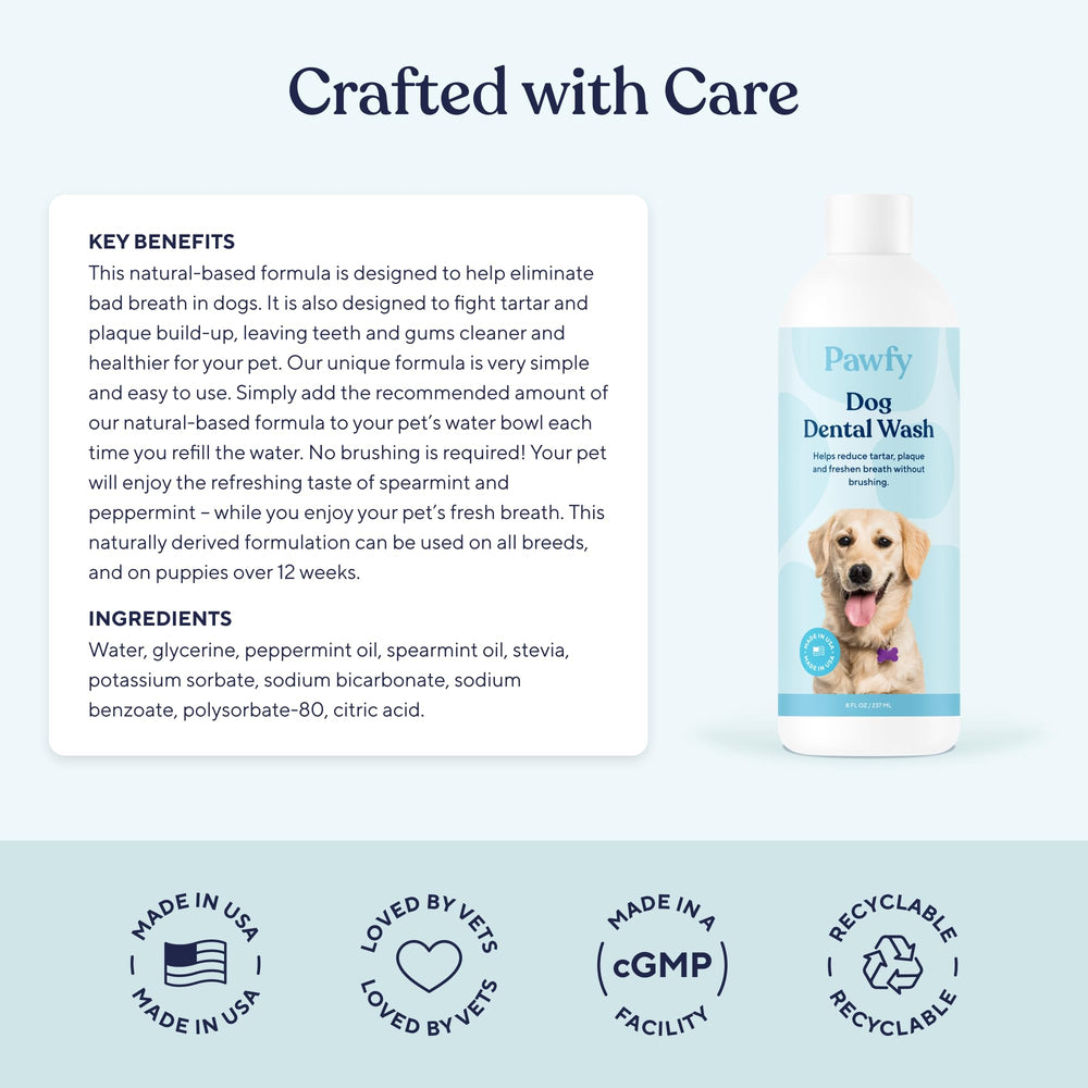 Pawfy fórmula suave cuidado bucal protege encías sensibles.