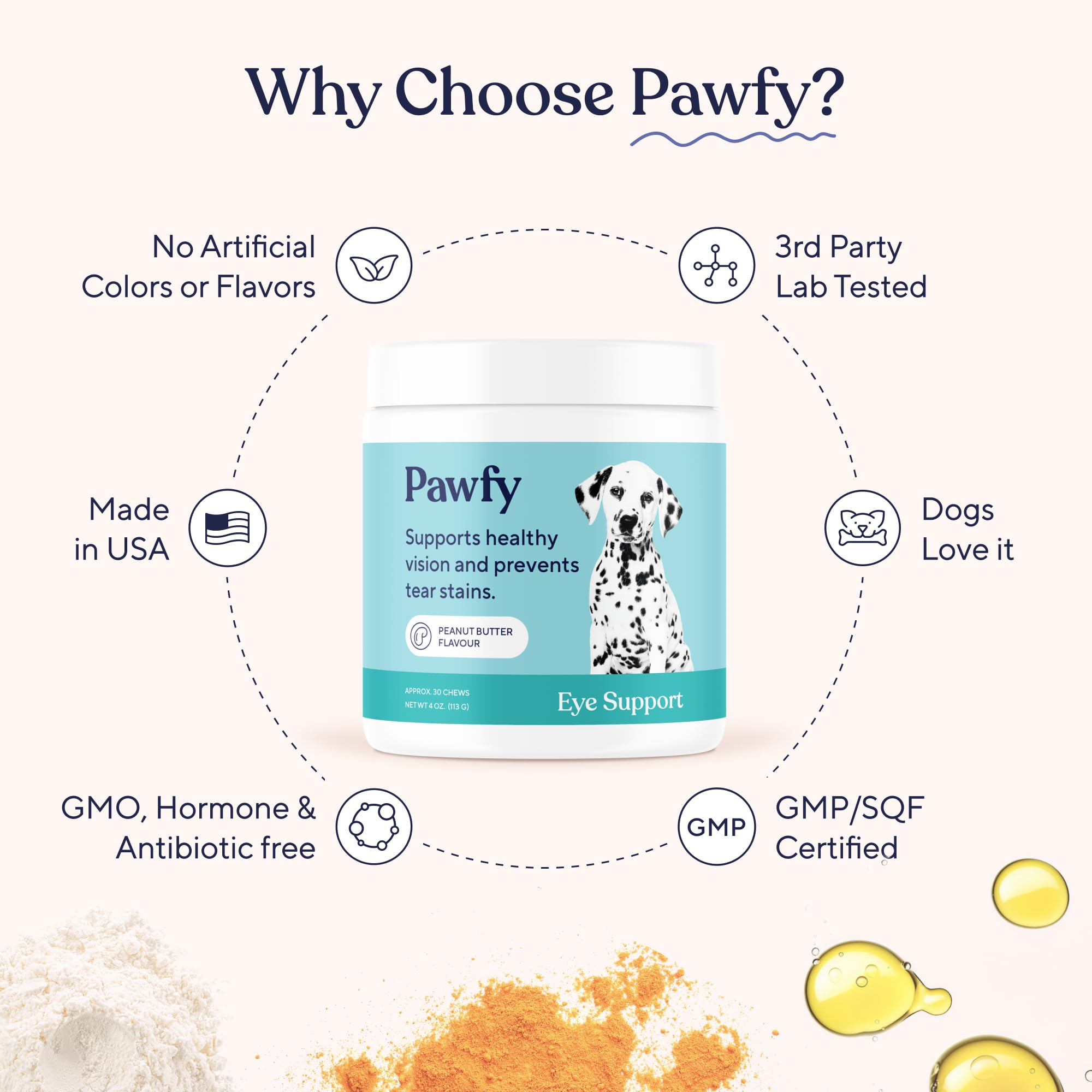 Pawfy apoyo-ojos: producido en EE.UU. con ingredientes de calidad.
