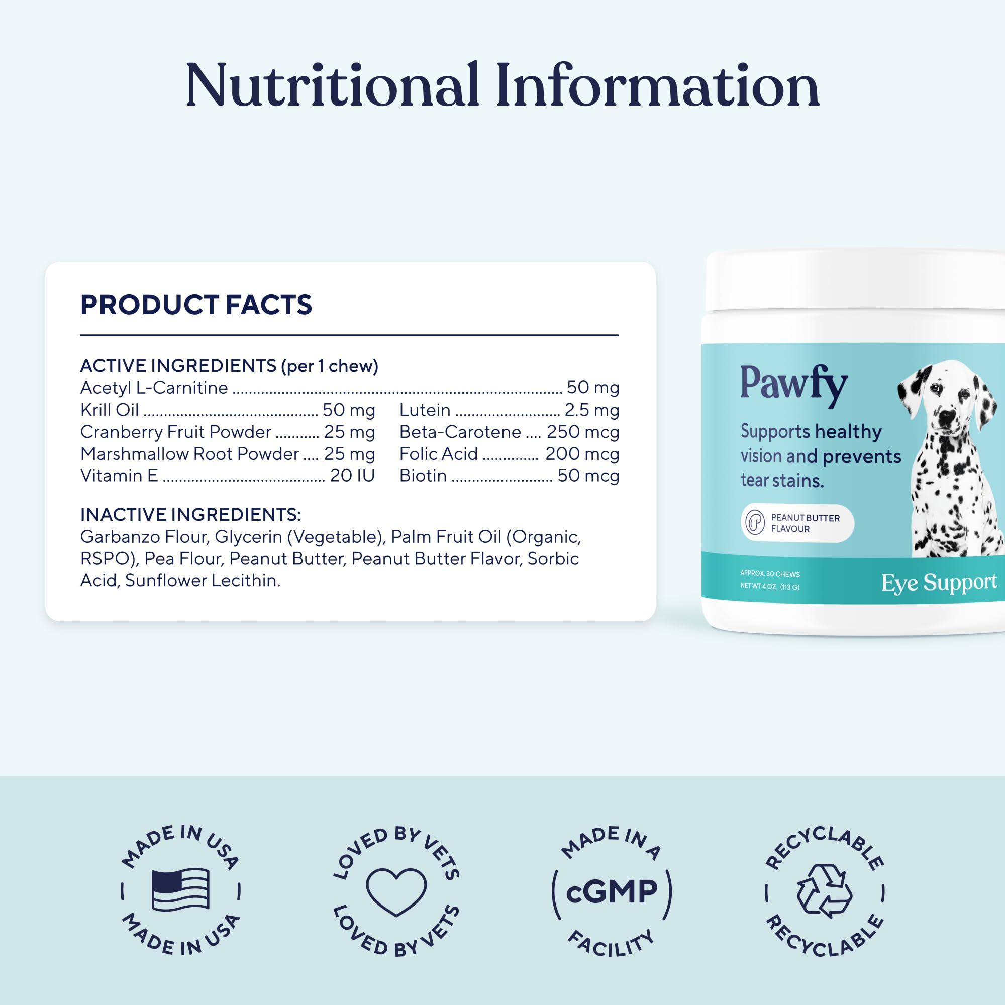 Pawfy apoyo-ojos: vitamina E y astaxantina para la salud ocular.