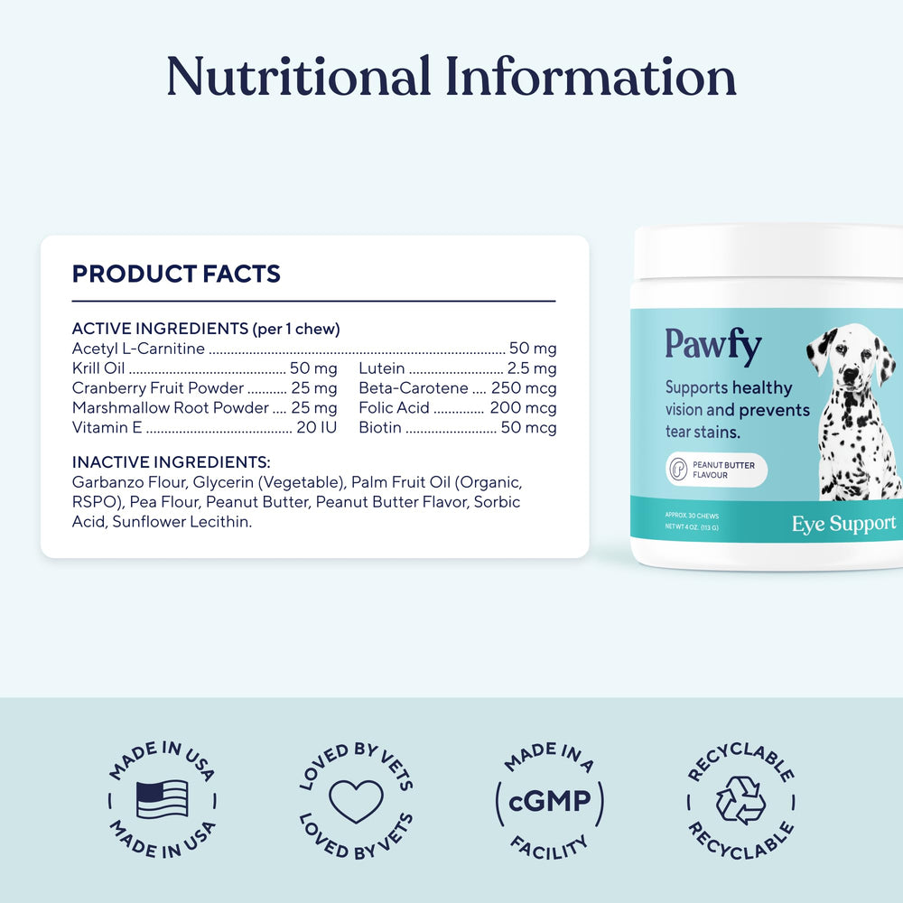 Pawfy apoyo-ojos: vitamina E y astaxantina para la salud ocular.