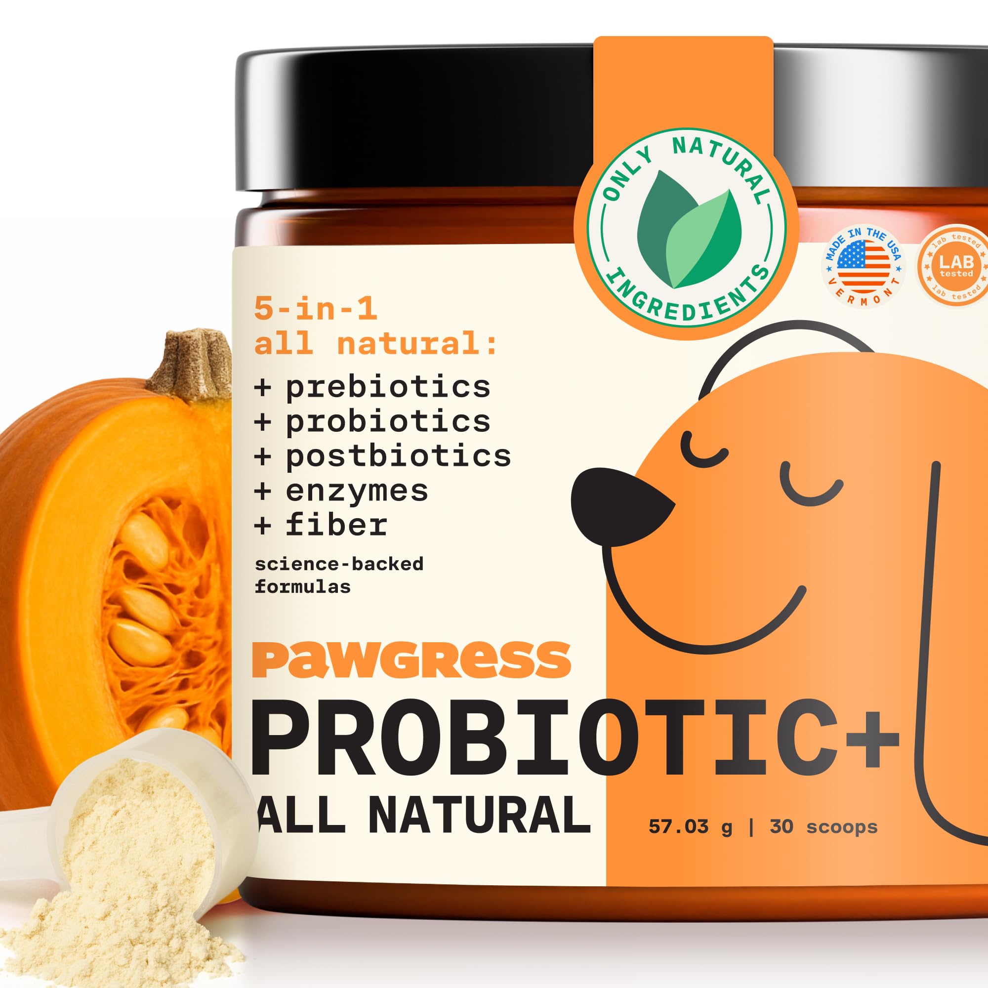 PAWGRESS polvo probiótico 5 en 1 para perro, apoyo digestivo diario.