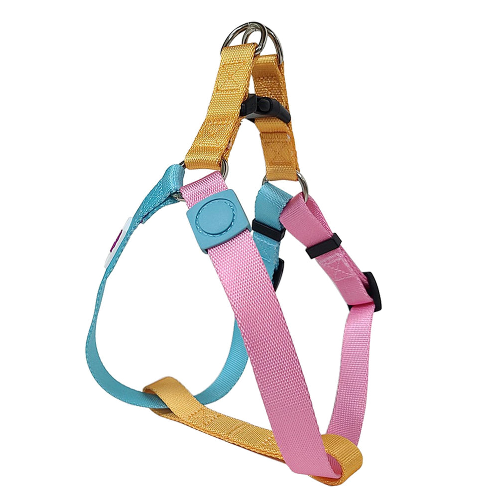 Arnés PawHuggies TriColor, diseño llamativo para paseos con estilo.