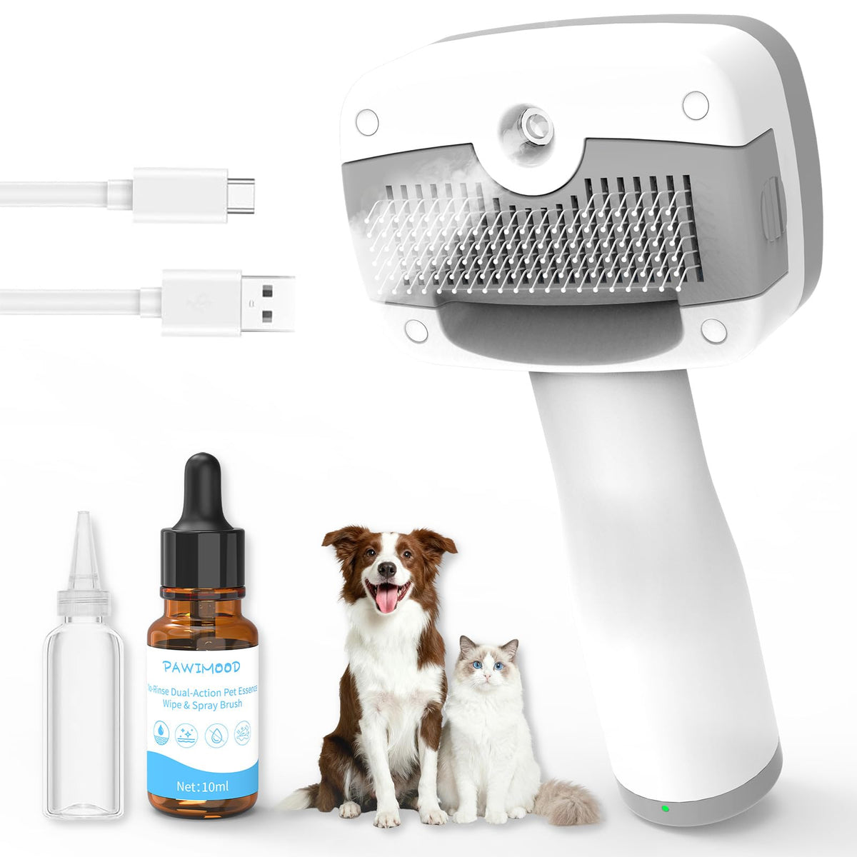 Pawimood cepillo de vapor para mascotas en uso, vista general para deslanado y acabado brillante