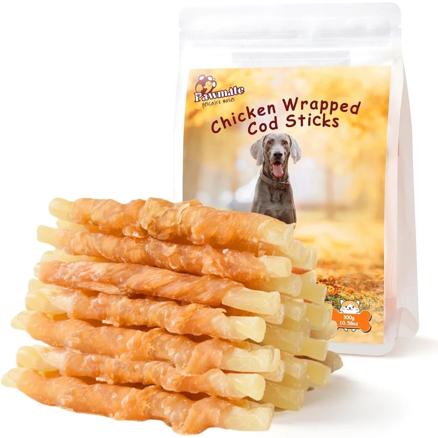 Pawmate bastones bacalao envueltos pollo, snack proteico para perros.
