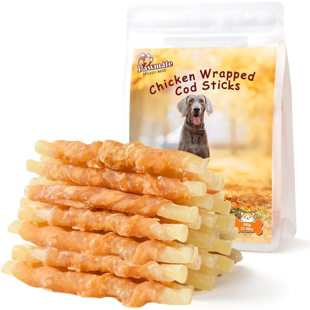 Pawmate bastones bacalao envueltos pollo, snack proteico para perros.