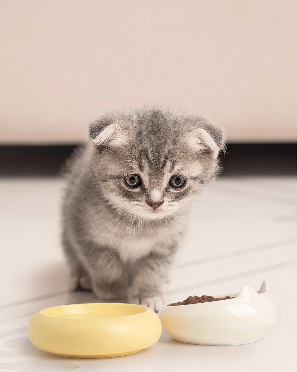 PawMeow colores beige y amarillo, acabado suave y agradable.